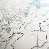 Grand Teton National Park, Jackson Hole, Wyoming, Letterpress Map