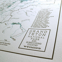 Grand Teton National Park, Jackson Hole, Wyoming, Letterpress Map