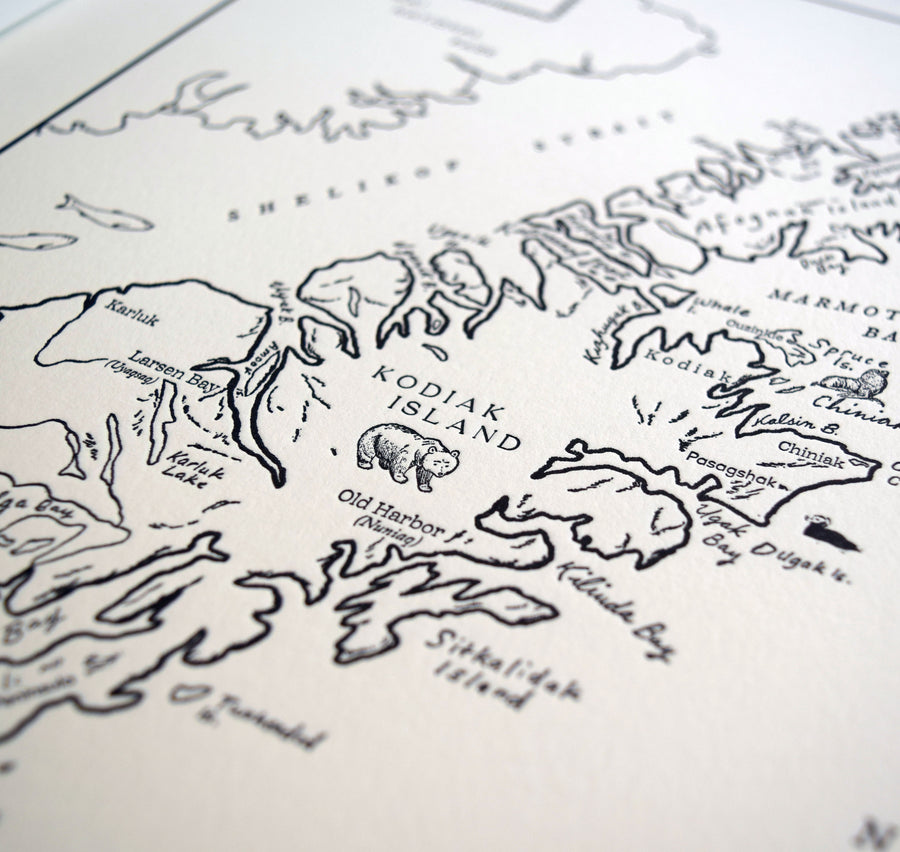 Kodiak Island, Alaska, Letterpress Map