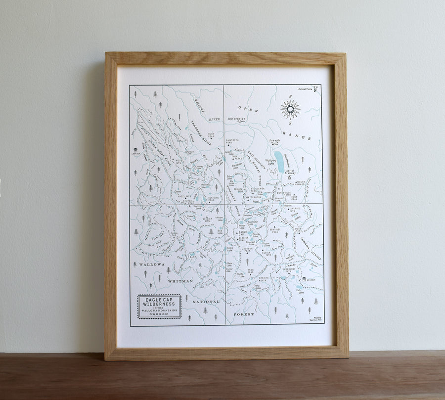 Eagle Cap Wilderness in the Wallowa Mountains, Oregon, Letterpress Map