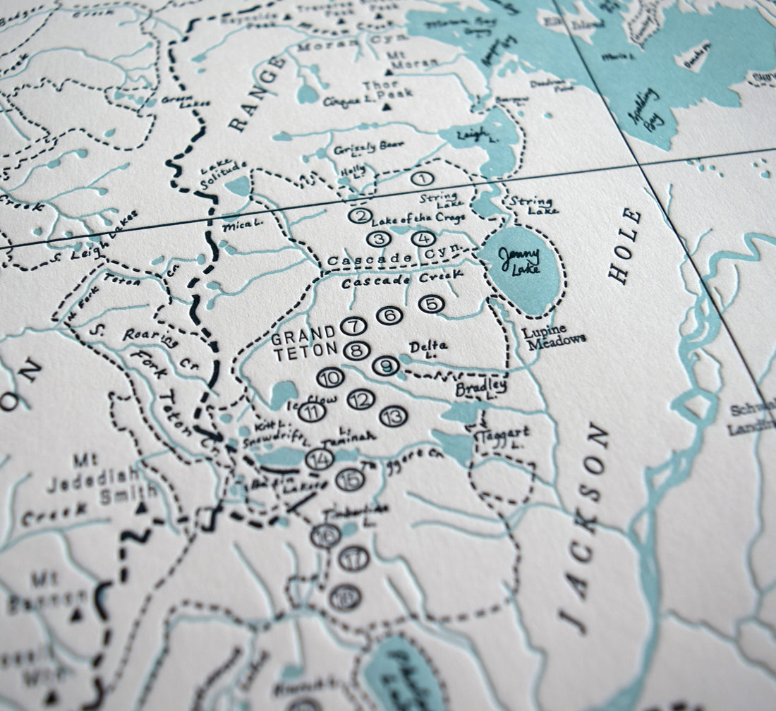 Grand Teton National Park, Jackson Hole, Wyoming, Letterpress Map