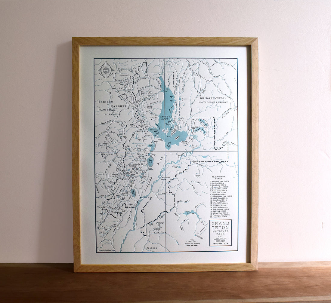 Grand Teton National Park, Jackson Hole, Wyoming, Letterpress Map
