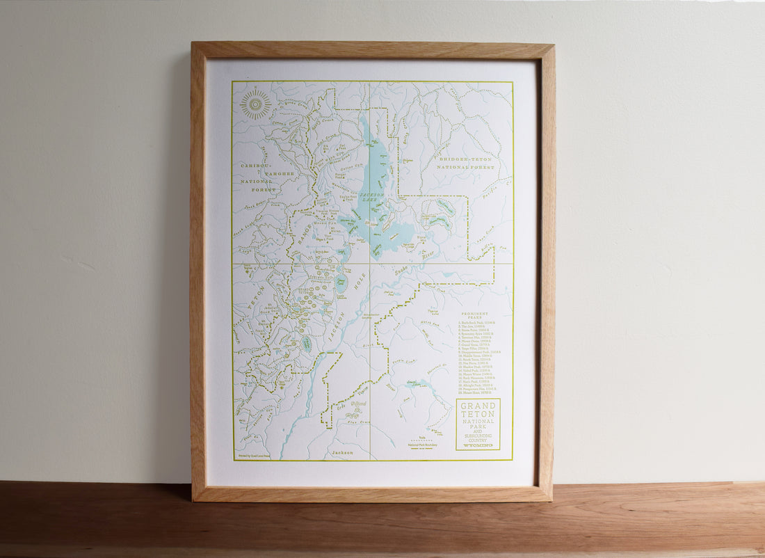 Grand Teton National Park, Jackson Hole, Wyoming, Letterpress Map