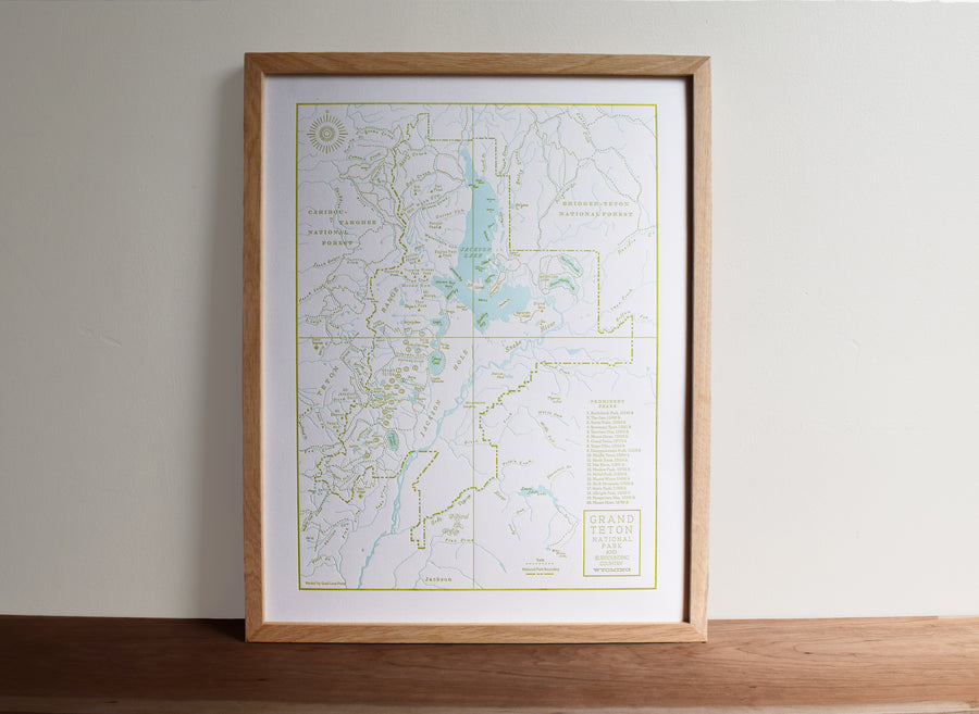 Grand Teton National Park, Jackson Hole, Wyoming, Letterpress Map
