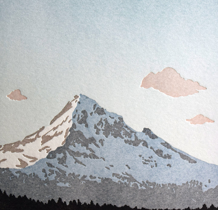 Letterpress landscape print of Mt Hood Oregon.  Fine art wall decor