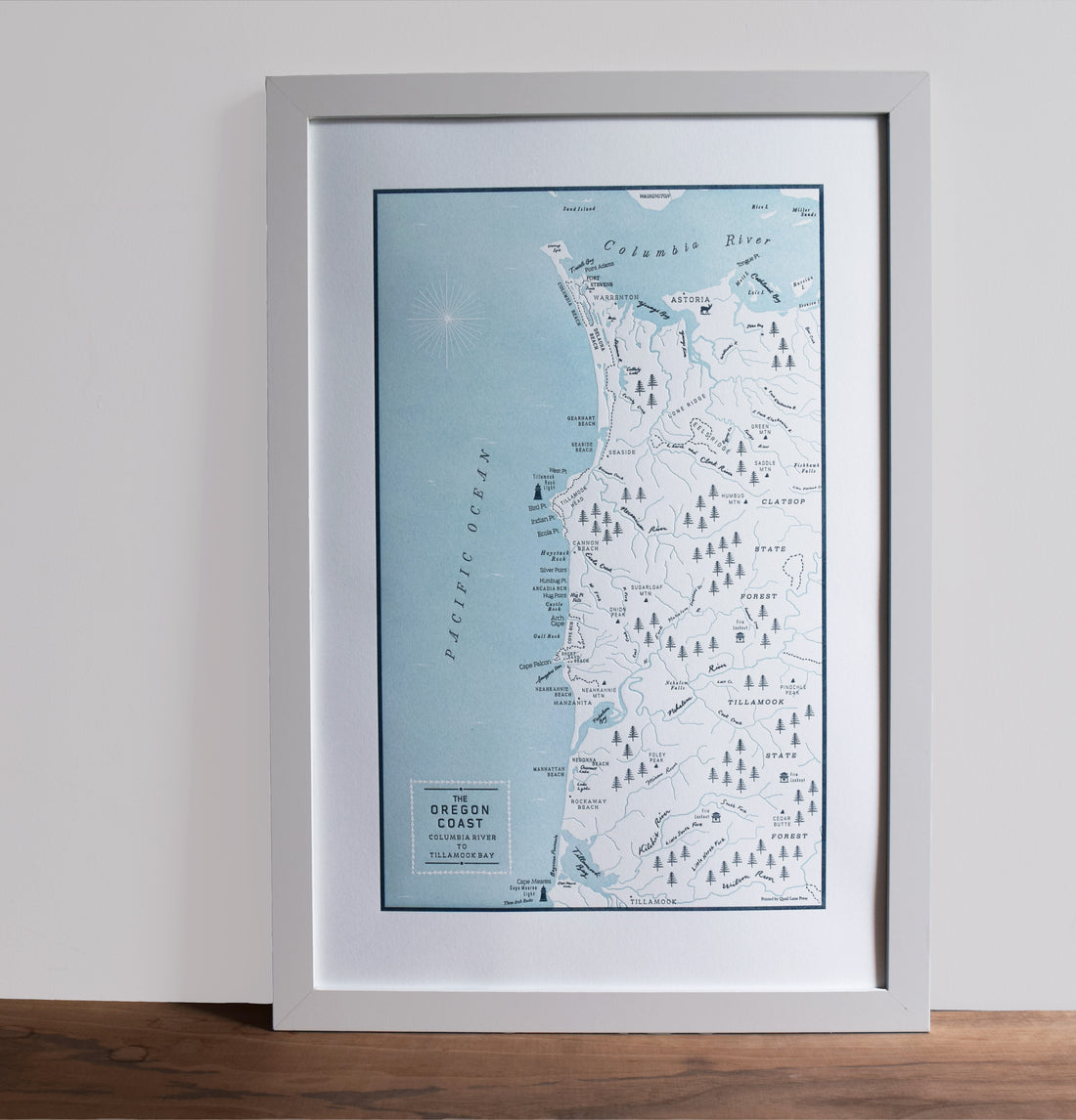 Oregon Coast Map, Columbia River to Tillamook Bay, Letterpress Map