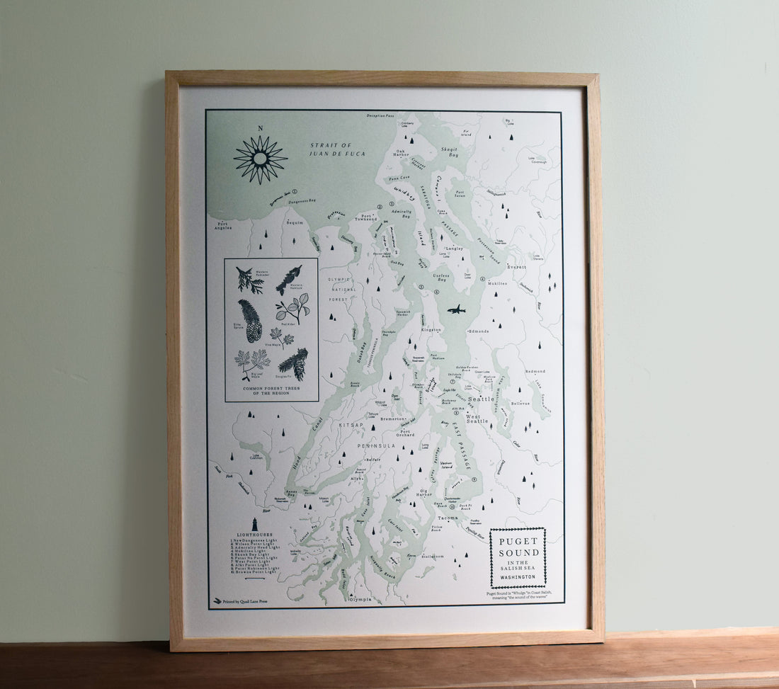 Puget Sound, Washington Letterpress Map