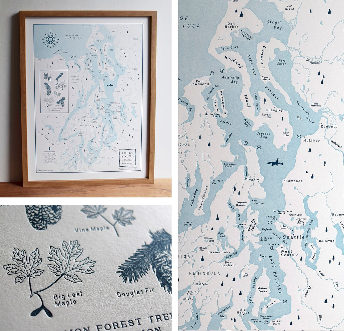 Puget Sound, Washington Letterpress Map