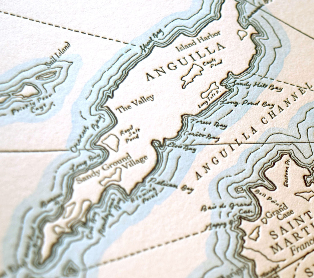 Letterpress map of Caribbean Islands identifying prominent landmarks