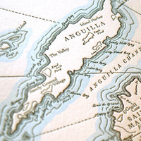 Letterpress map of Caribbean Islands identifying prominent landmarks