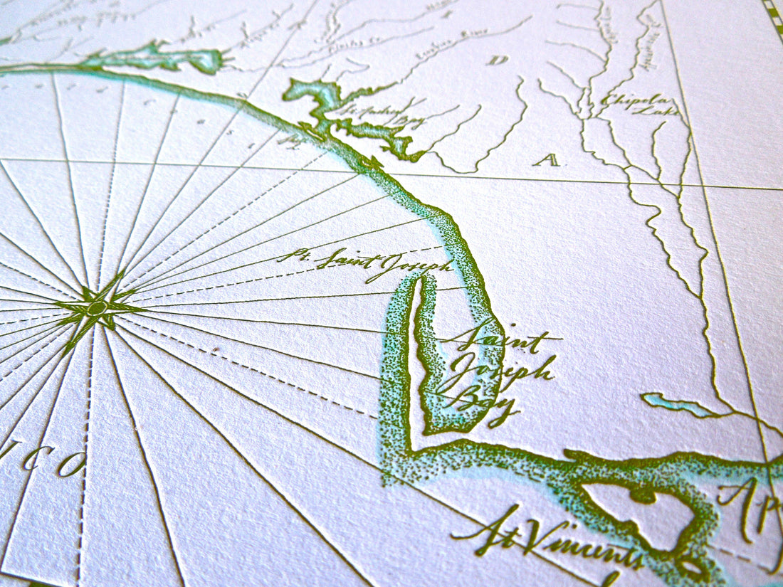 Letterpress wall art print map of Northwestern Florida on cotton paper with watercolor wash along shorelines