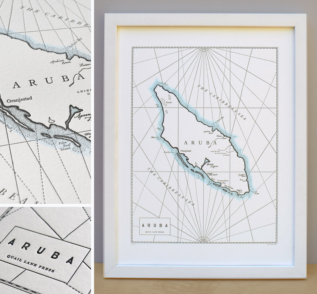 Framed map of Aruba in the Caribbean Sea.  Letterpress print with watercolor wash along shorelines.