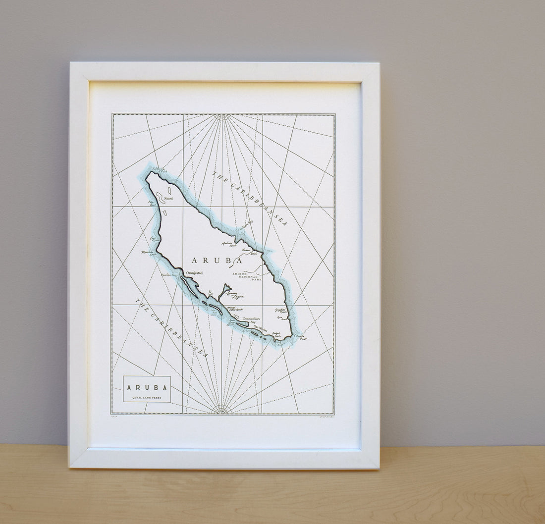 Caribbean Sea map of Aruba.  Letterpress printed with watercolor accent.