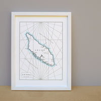Caribbean Sea map of Aruba.  Letterpress printed with watercolor accent.