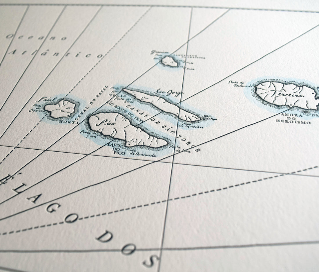 Fine art map of Azores printed on letterpress with an accent watercolor wash along the shoreslines.