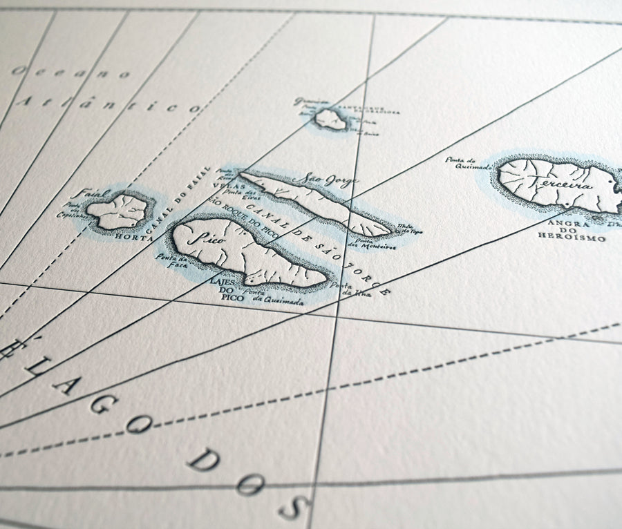 Fine art map of Azores printed on letterpress with an accent watercolor wash along the shoreslines.