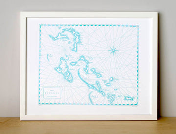 Letterpress art print.  Framed map of bahamas Islands hand-printed on letterpress with hand-painted watercolor along shorelines.