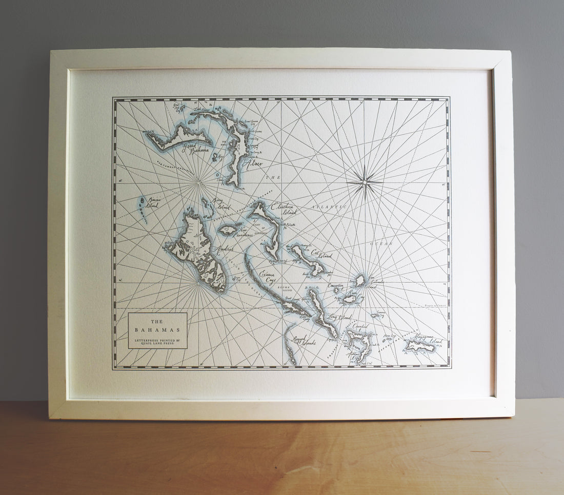 Bahamas wall art.  Hand-drawn letterpress printed map of the Bahamas in dark grey ink on archival grade cotton paper.  Shorelines are accented with hand-painted watercolor wash.