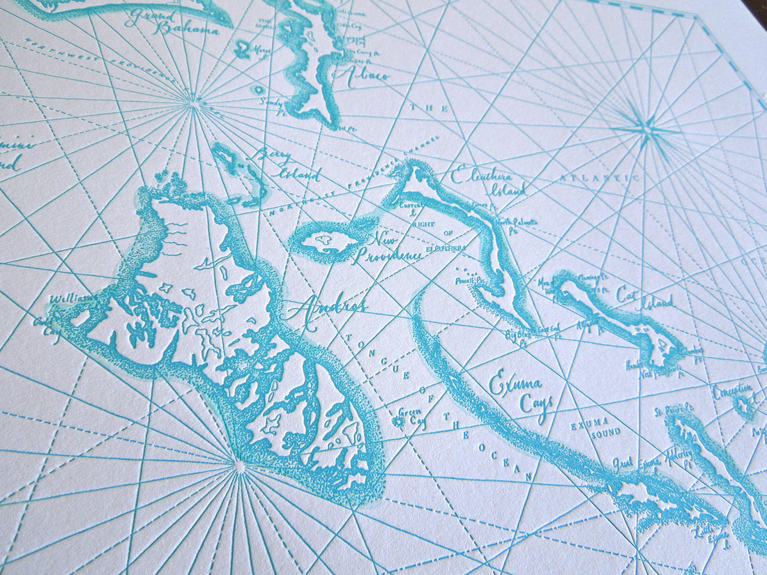 Letterpress printed art map of Bahamas.  Includes Islands prominent geographical features identified.  Nautical themed map with compas rose.