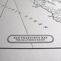 Map of San Francisco Bay including surrounding area identifying natural landmarks and water features.  Letterpress printed in black ink on archival grade cotton paper