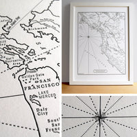 Framed wall art print of letterpress printed map of the San Francisco Bay Area California Depicting prominent natural land and water features