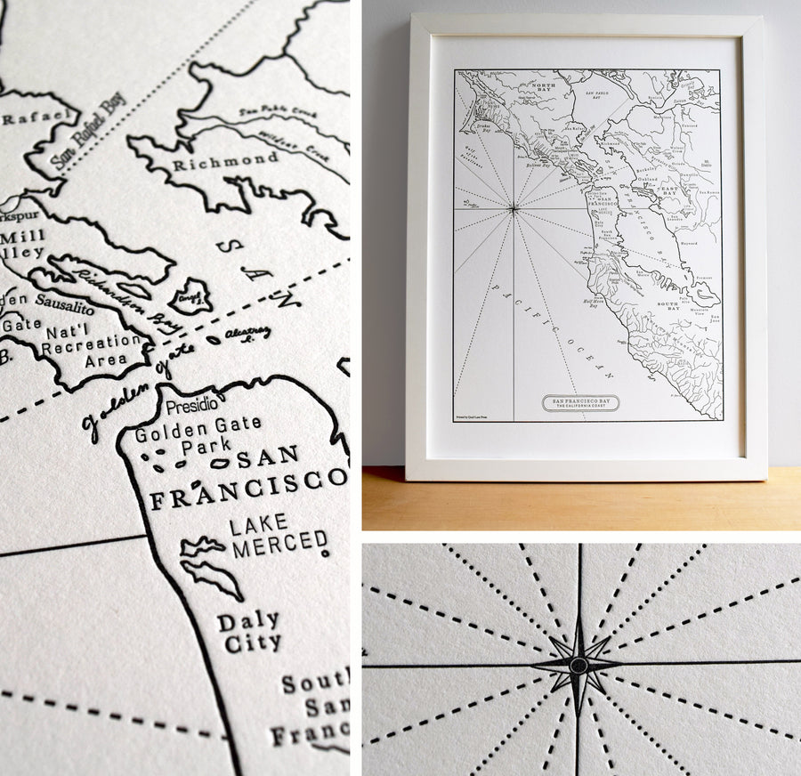 Framed wall art print of letterpress printed map of the San Francisco Bay Area California Depicting prominent natural land and water features