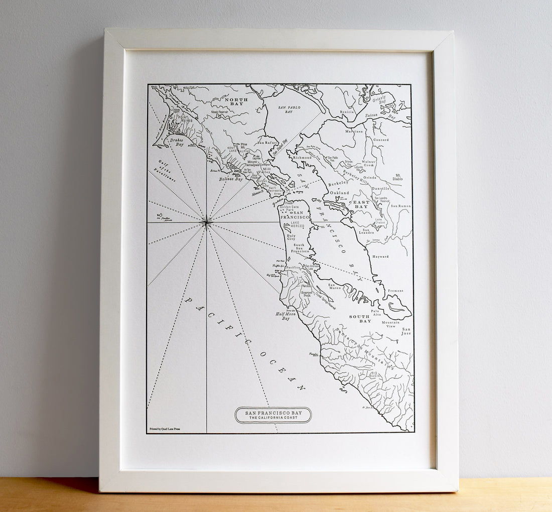 Fine art letterpress print wall decor.  Map of San Francisco Bay California. handdrawn letterpress printed in black ink on archival grade cotton paper