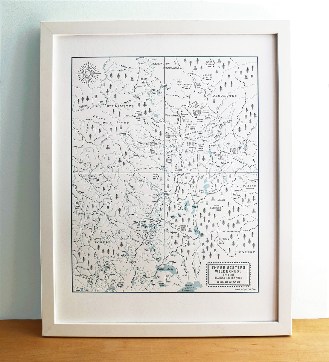 Hand-drawn map of the cascade mountain range above Bend Oregon.  Framed letterpress map art print