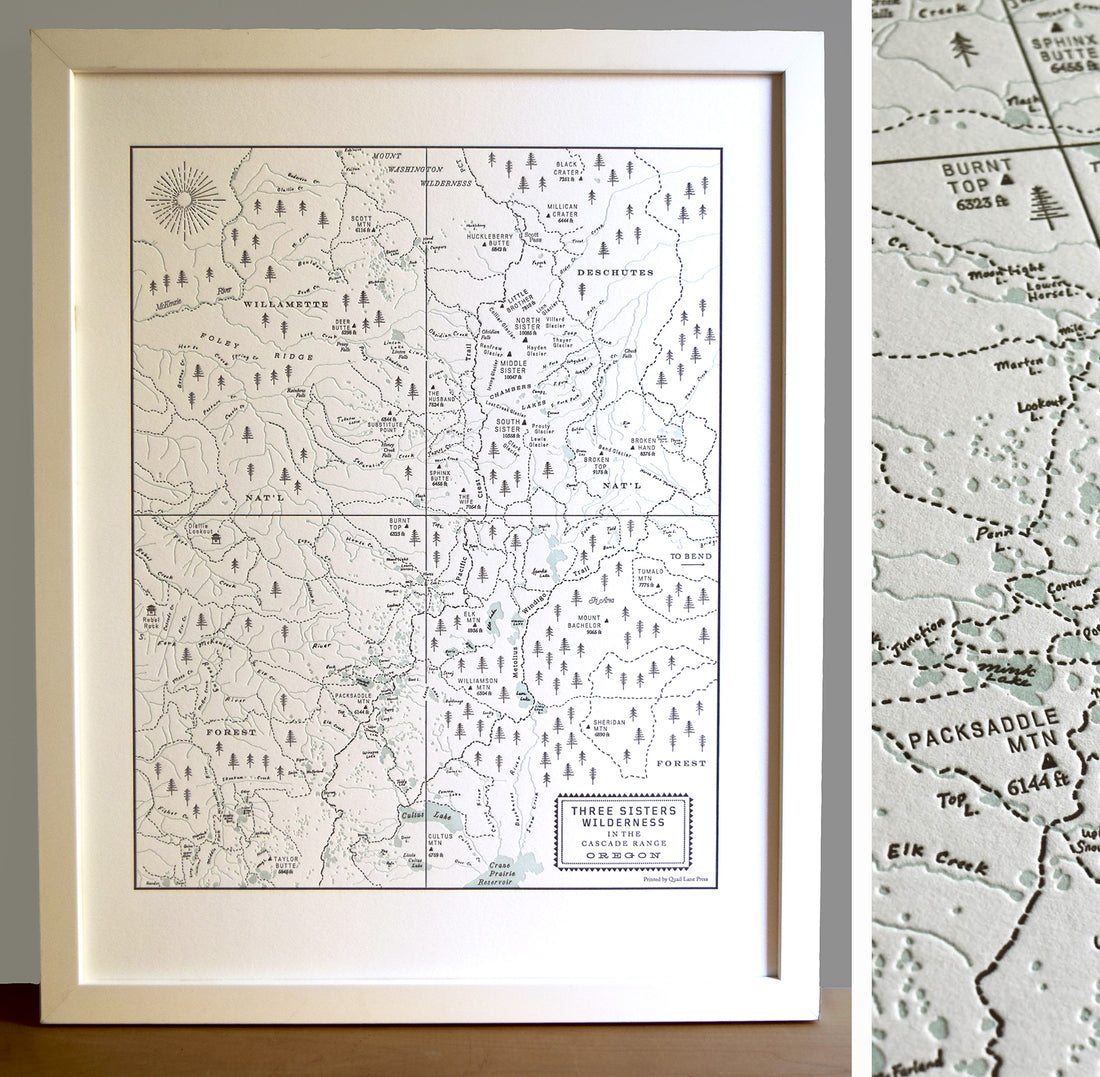 Framed Map of the Three Sisters wilderness area of the oregon cascade mountain range