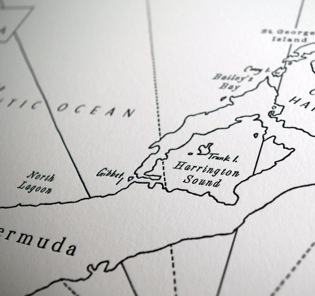 Bermuda Island printed in letterpress using black ink.  Map art wall decor