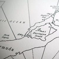 Bermuda Island printed in letterpress using black ink.  Map art wall decor