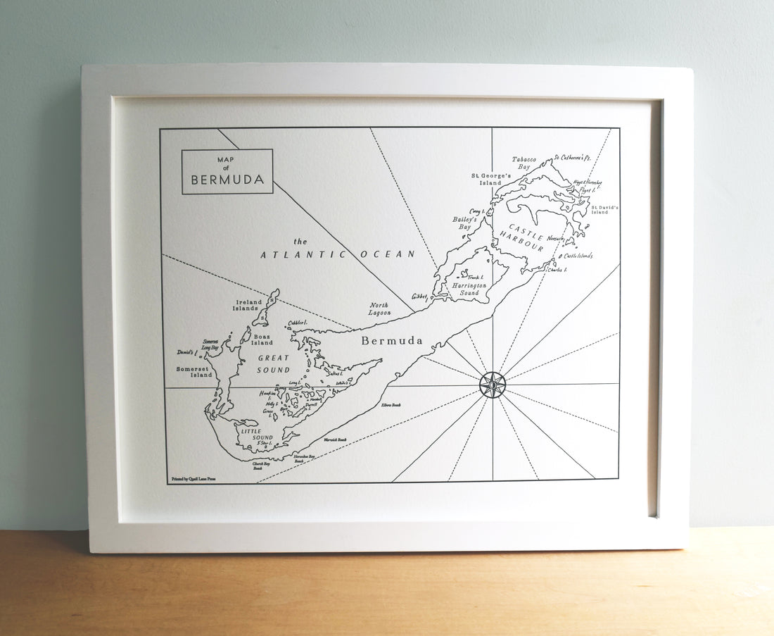 Map of Bermuda Island in the Atlantic Ocean with prominent landmarks noted.  Letterpress print wall art.