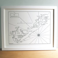 Map of Bermuda Island in the Atlantic Ocean with prominent landmarks noted.  Letterpress print wall art.