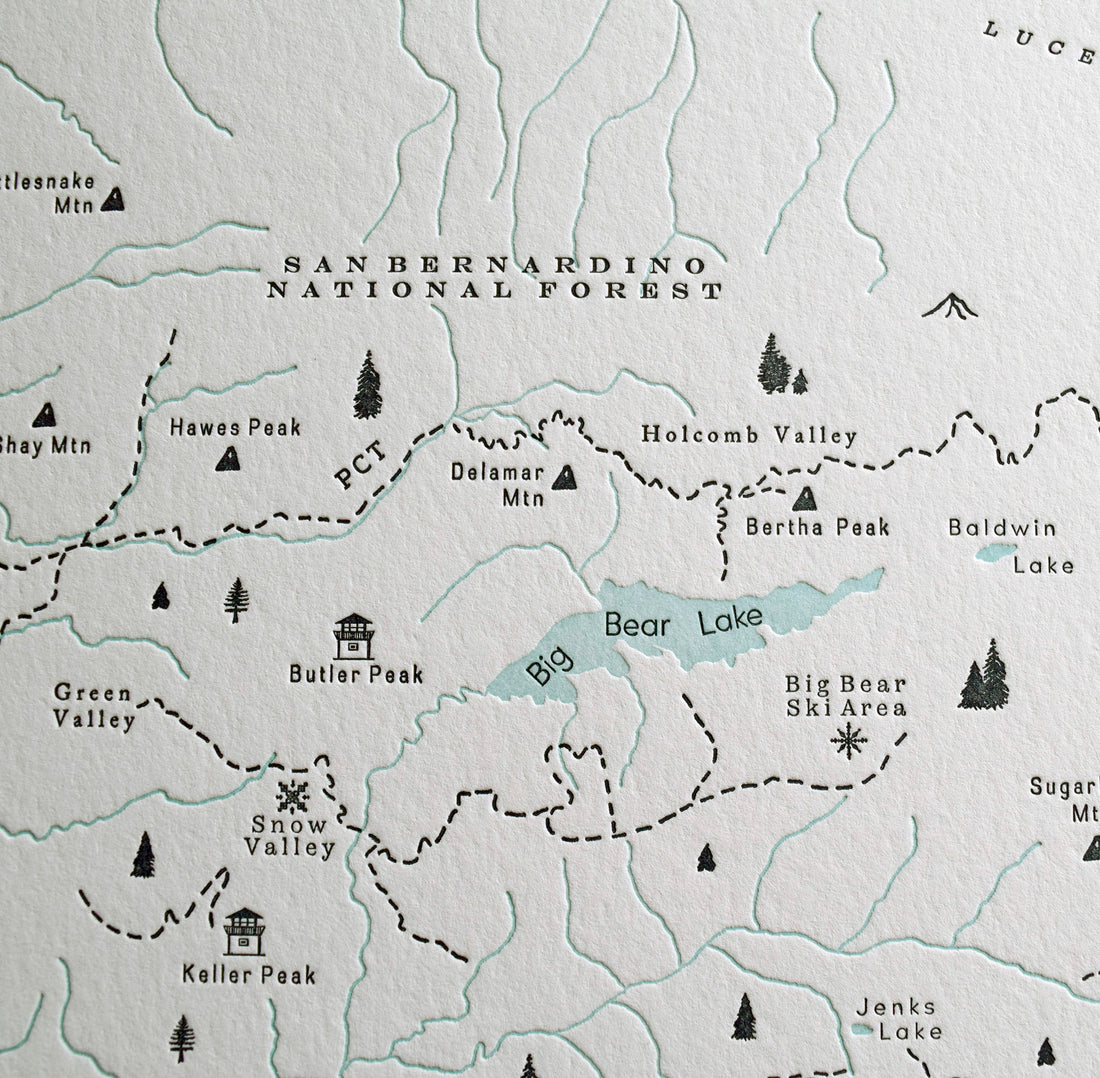 Map of the Big Bear California area including natural landmarks ski areas creeks lakes and the PCT Pacific Coast Trail