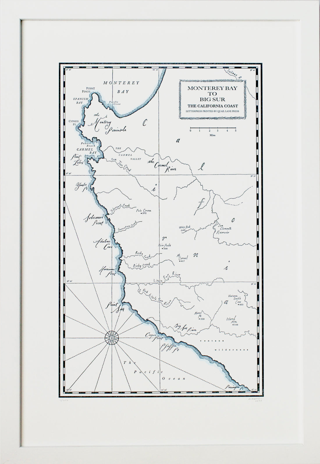 Handdrawn letterpress printed map Big Sur California Coast in black ink with light blue watercolor wash along the shoreline