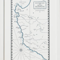 Handdrawn letterpress printed map Big Sur California Coast in black ink with light blue watercolor wash along the shoreline