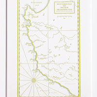 Hand drawn map charting California Coast from Monterey Bay to Big Sur California.  Identifies prominent natural features including creeks, rivers, bays and points
