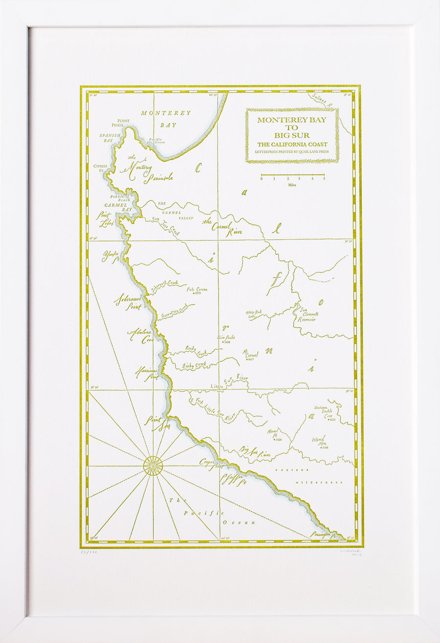 Hand drawn map charting California Coast from Monterey Bay to Big Sur California.  Identifies prominent natural features including creeks, rivers, bays and points