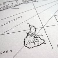 Letterpress printed wall art map of Block Island and Narragansett Bay Rhode Island Northeastern US Coast