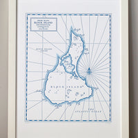 framed hand-drawn letterpress Block Island map 