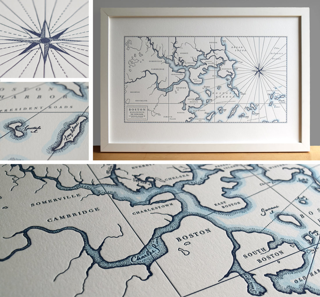 Framed letterpress map of Boston Harbor Massachusetts