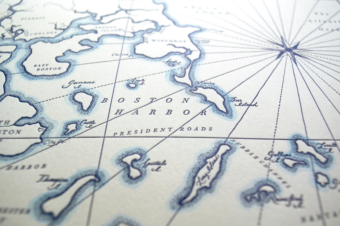 Nautical Map of Boston Harbor.  Letterpress printed wall decor.