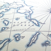 Nautical Map of Boston Harbor.  Letterpress printed wall decor.