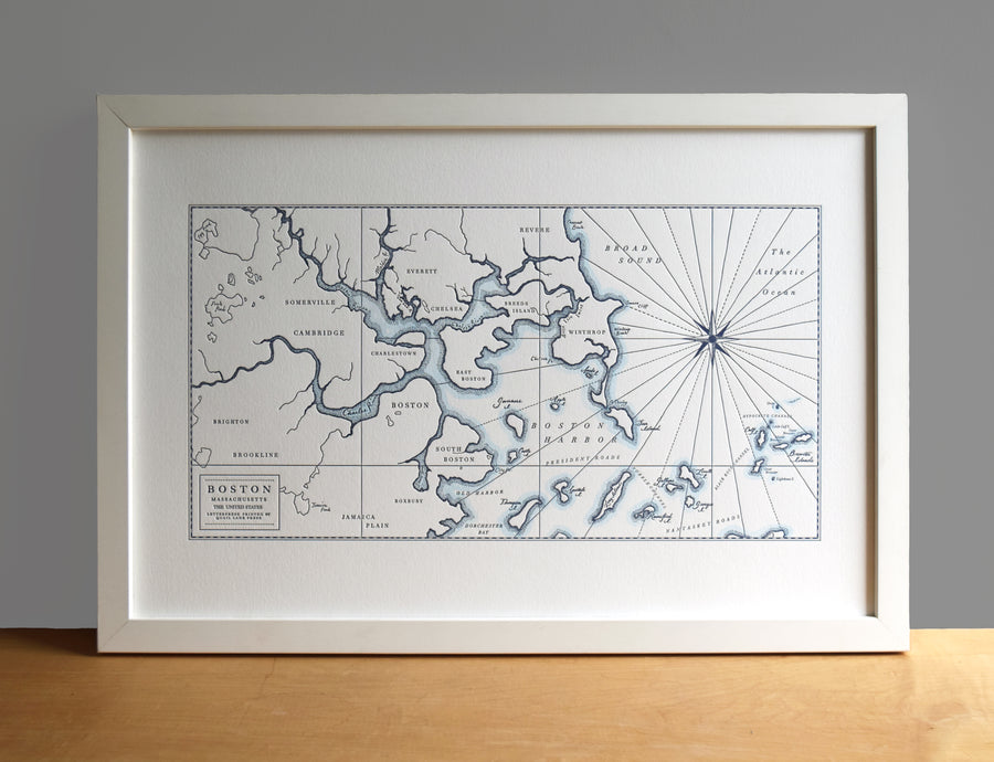 Framed letterpress printed fine art map of Boston Massachusetts