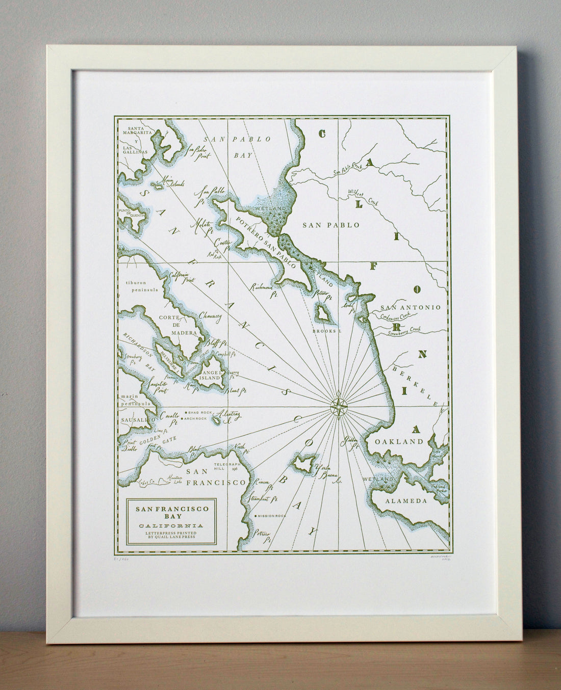California Wall art letterpress printed map of the Northern Califnornia San Francisco Bay printed on archival grade cotton paper with watercolor wash as an accent to shorelines 