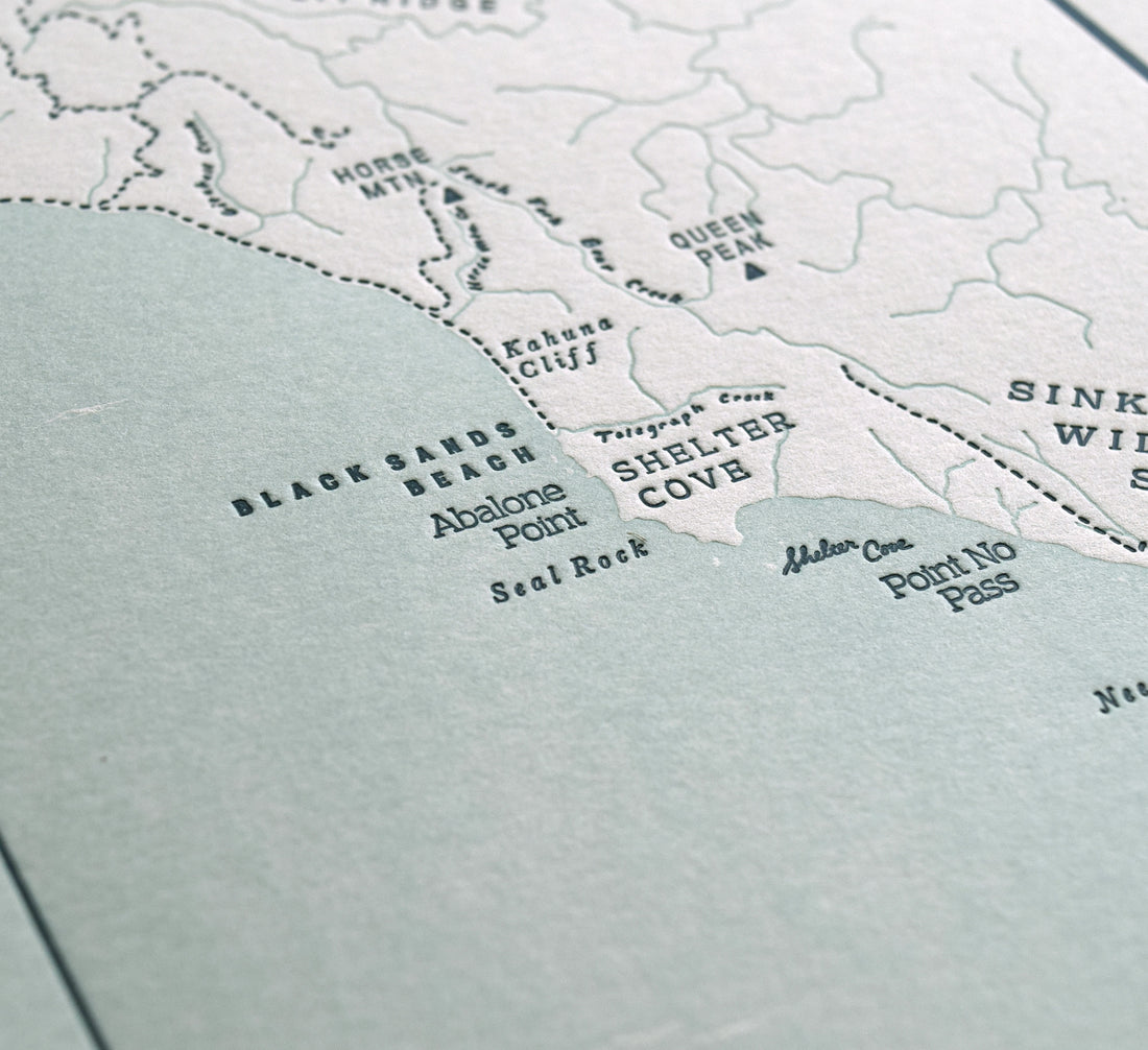 Detailed photo of letterpress map of the lost coast of california including humboldt county region