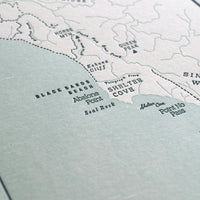 Detailed photo of letterpress map of the lost coast of california including humboldt county region