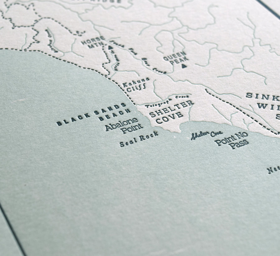 Detailed photo of letterpress map of the lost coast of california including humboldt county region