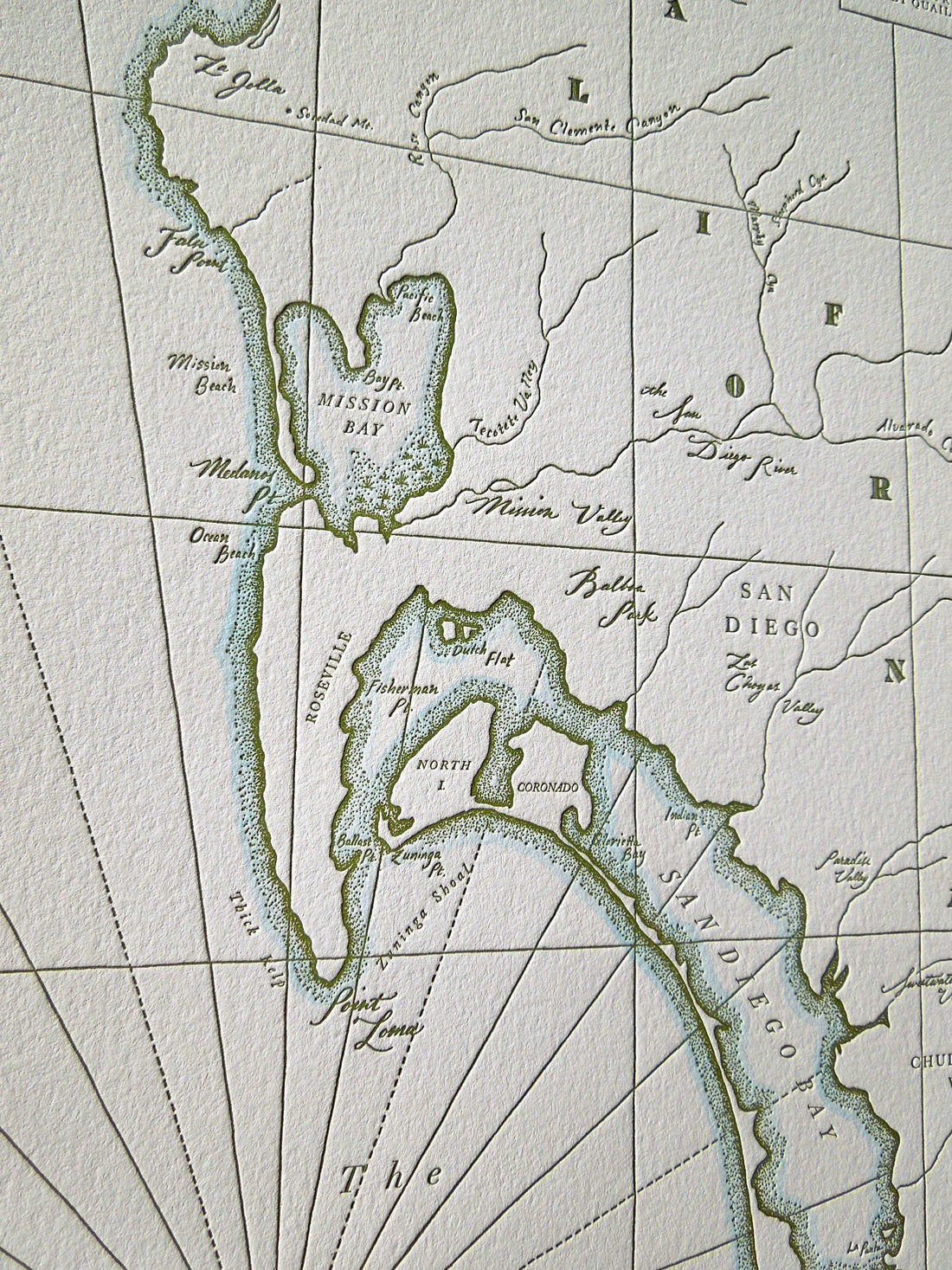 Artistic map of the San Diego Region including the coast identifying natural landmarks includes hand painted watercolor along coastlines