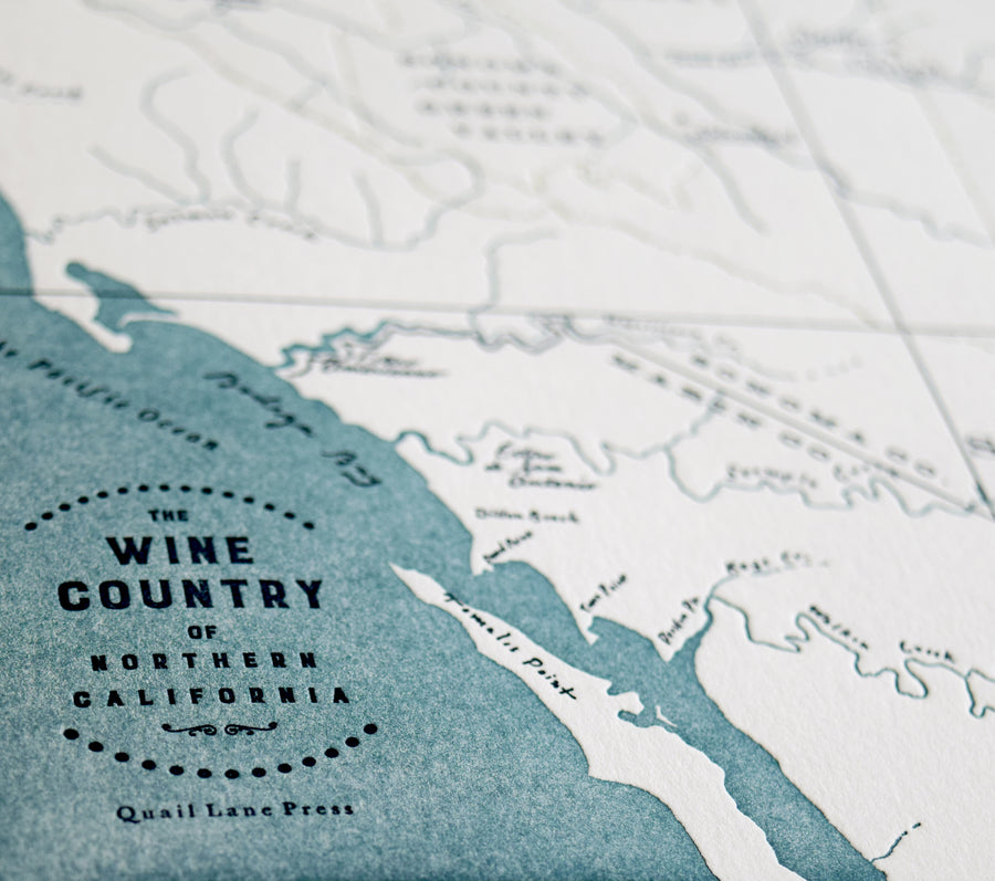 Original handdrawn letterpress printed map of the California coast and wine country.  